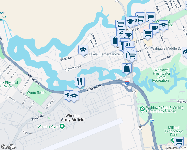map of restaurants, bars, coffee shops, grocery stores, and more near 104c Lakeview Circle in Wahiawa