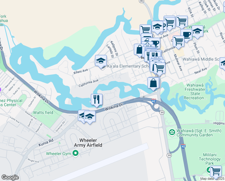 map of restaurants, bars, coffee shops, grocery stores, and more near 104 Lakeview Circle in Wahiawa