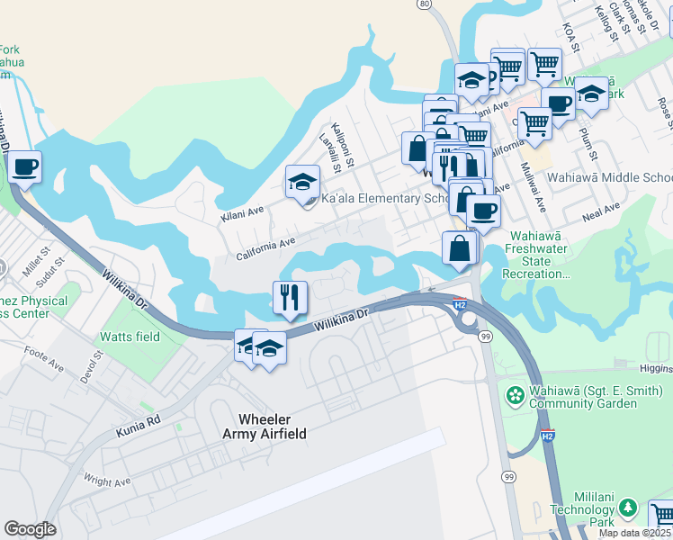 map of restaurants, bars, coffee shops, grocery stores, and more near 104c Lakeview Circle in Wahiawa