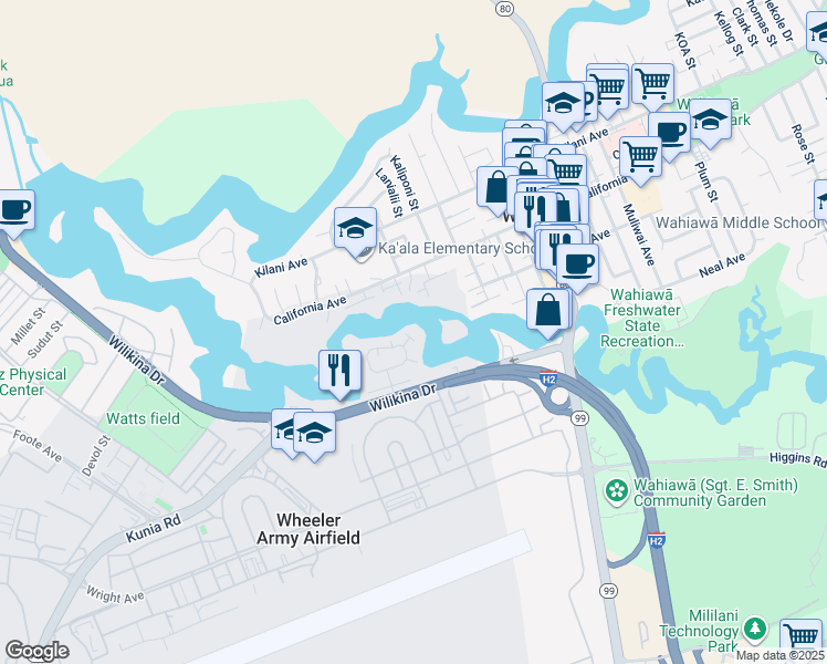 map of restaurants, bars, coffee shops, grocery stores, and more near 78 Lakeview Circle in Wahiawā
