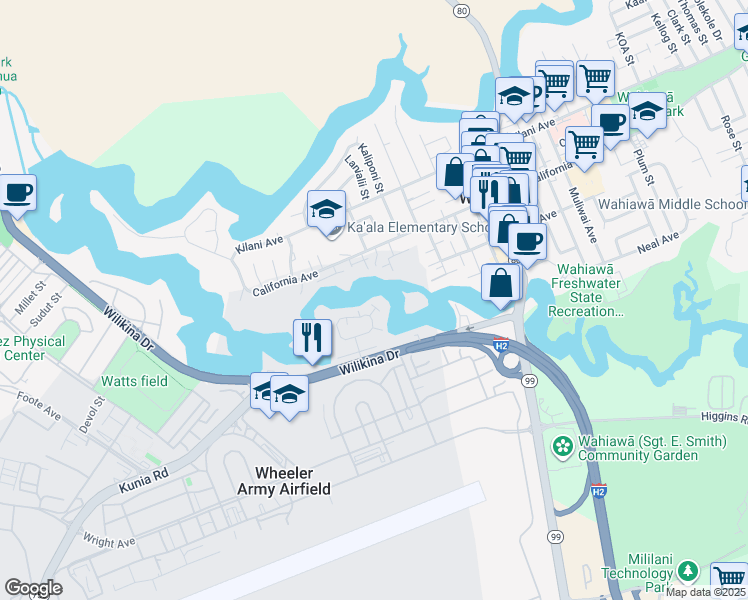 map of restaurants, bars, coffee shops, grocery stores, and more near 104c Lakeview Circle in Wahiawa