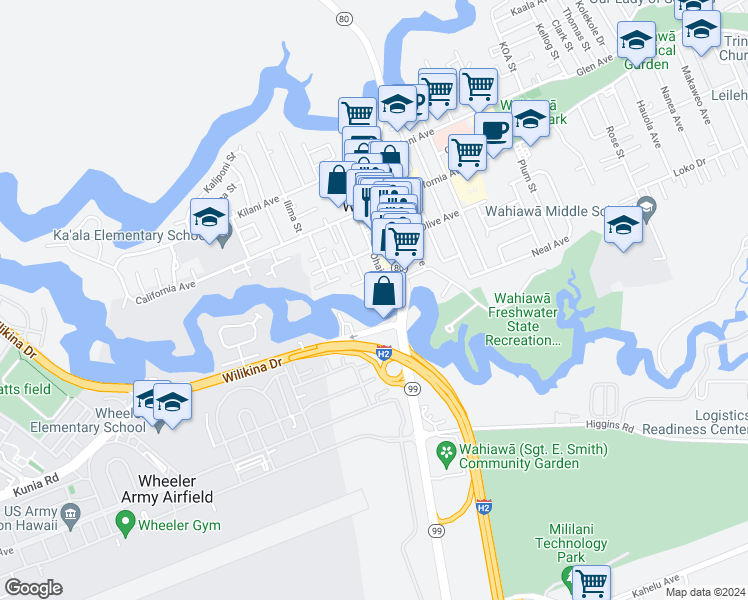 map of restaurants, bars, coffee shops, grocery stores, and more near 302 Ohai Place in Wahiawa