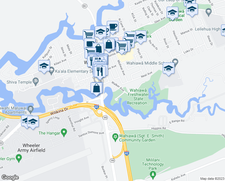 map of restaurants, bars, coffee shops, grocery stores, and more near 500 Pine Street in Wahiawa