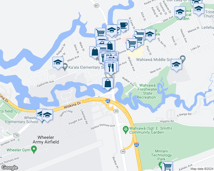 map of restaurants, bars, coffee shops, grocery stores, and more near 302 Ohai Place in Wahiawā