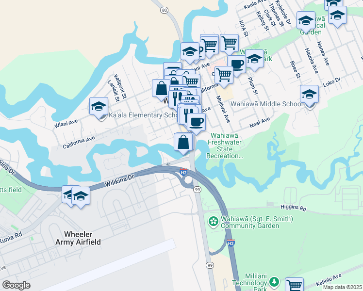 map of restaurants, bars, coffee shops, grocery stores, and more near 302 Ohai Place in Wahiawa