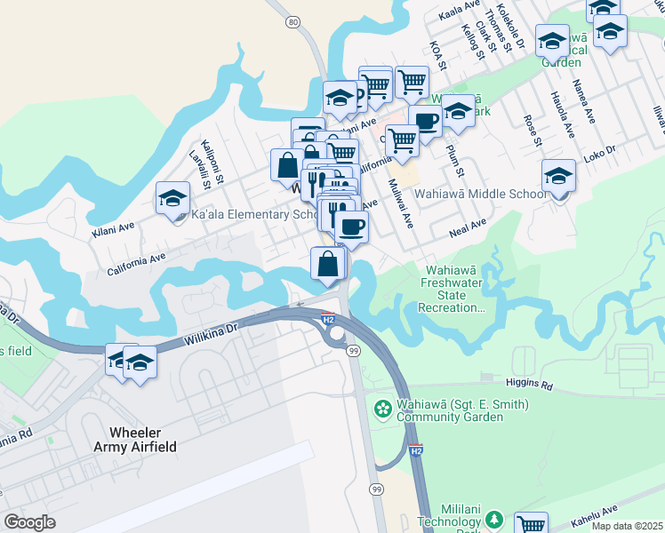 map of restaurants, bars, coffee shops, grocery stores, and more near 303 Ohai Place in Wahiawā