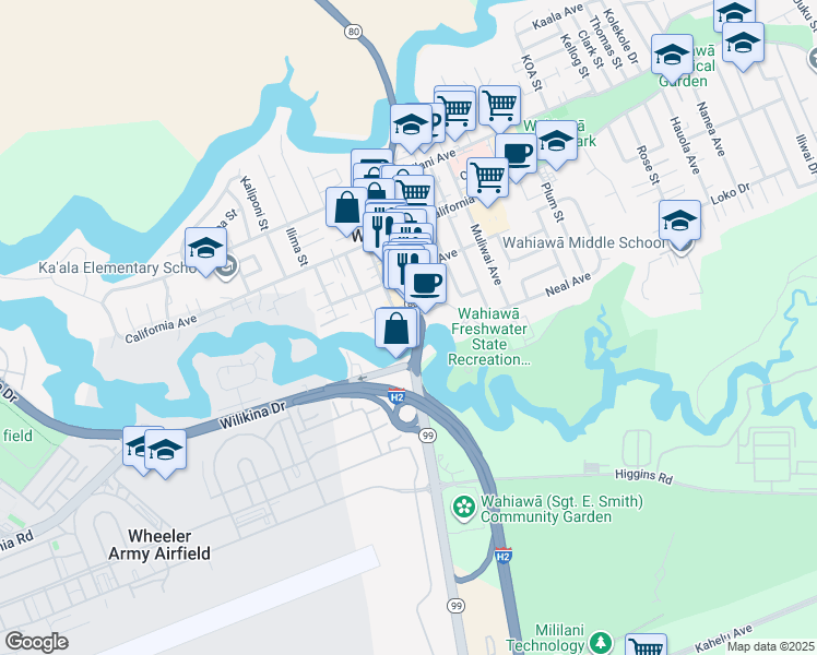 map of restaurants, bars, coffee shops, grocery stores, and more near 302 Ohai Place in Wahiawa