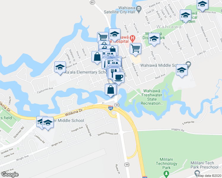 map of restaurants, bars, coffee shops, grocery stores, and more near 307 Ohai Place in Wahiawa