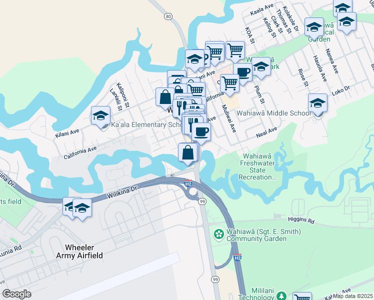 map of restaurants, bars, coffee shops, grocery stores, and more near 323 Ohai Place in Wahiawā