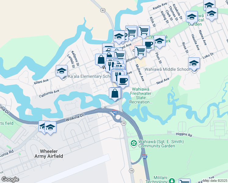 map of restaurants, bars, coffee shops, grocery stores, and more near 147 Ohai Street in Wahiawa