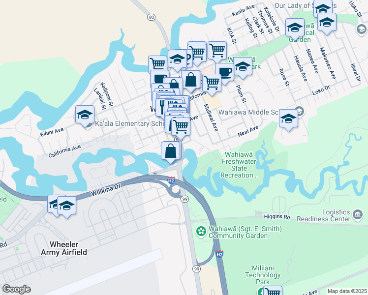 map of restaurants, bars, coffee shops, grocery stores, and more near 538 Avocado Street in Wahiawa