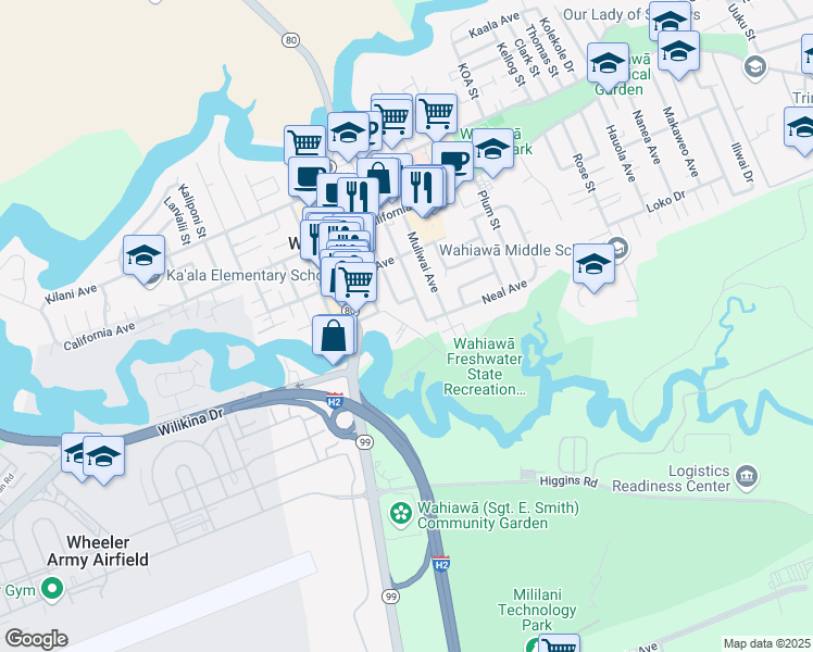 map of restaurants, bars, coffee shops, grocery stores, and more near 299 Walker Avenue in Wahiawa