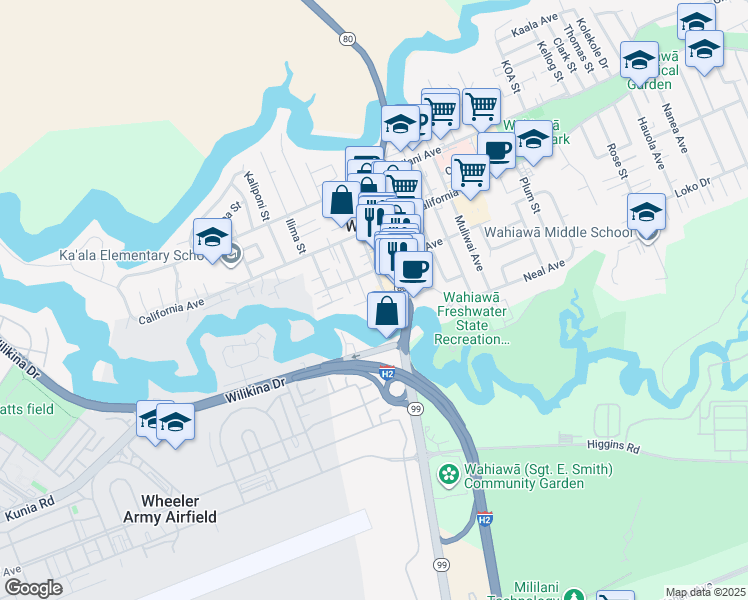map of restaurants, bars, coffee shops, grocery stores, and more near 147 Ohai Street in Wahiawa