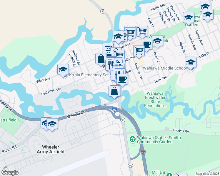 map of restaurants, bars, coffee shops, grocery stores, and more near 147 Ohai Street in Wahiawa