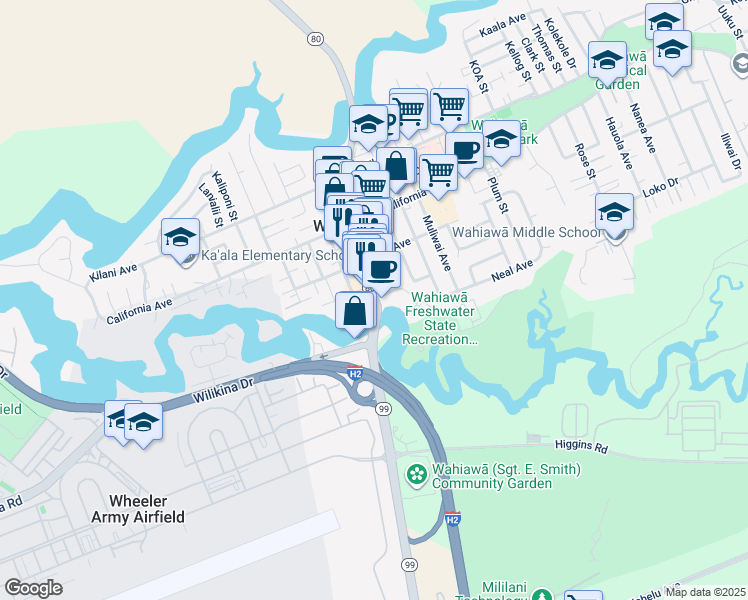 map of restaurants, bars, coffee shops, grocery stores, and more near 538 Avocado Street in Wahiawa