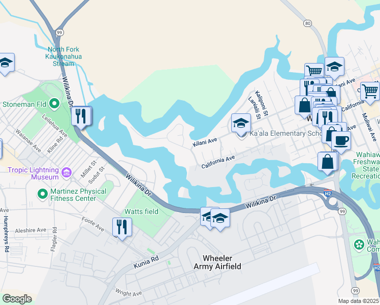 map of restaurants, bars, coffee shops, grocery stores, and more near 45 California Avenue in Wahiawa