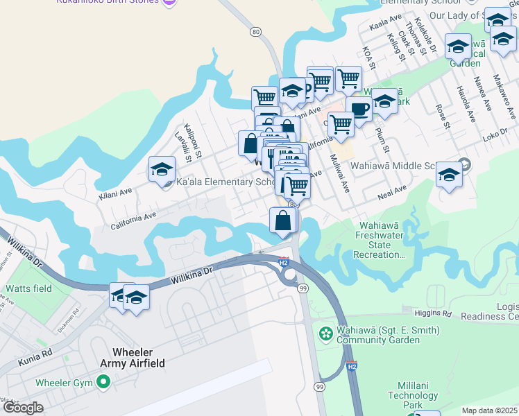 map of restaurants, bars, coffee shops, grocery stores, and more near 261 Olive Avenue in Wahiawa