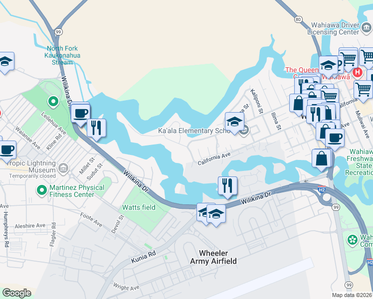 map of restaurants, bars, coffee shops, grocery stores, and more near 45 California Avenue in Wahiawa