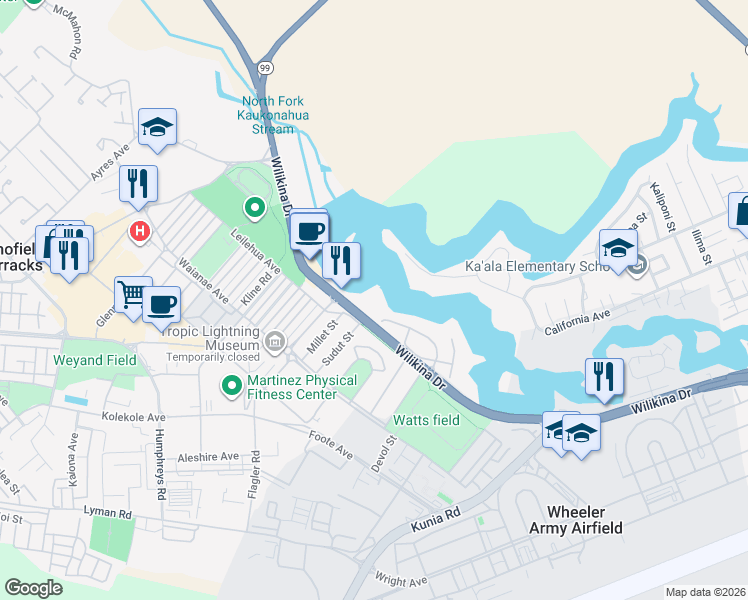 map of restaurants, bars, coffee shops, grocery stores, and more near 1600 Wilikina Drive in Wahiawa