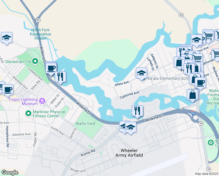map of restaurants, bars, coffee shops, grocery stores, and more near 45 California Ave in Wahiawa