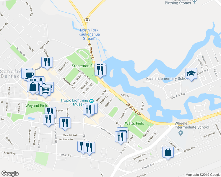 map of restaurants, bars, coffee shops, grocery stores, and more near 1640a Wilikina Drive in Wahiawa