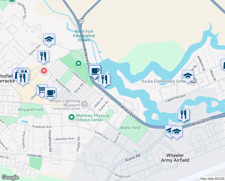 map of restaurants, bars, coffee shops, grocery stores, and more near 1600 Wilikina Drive in Wahiawa