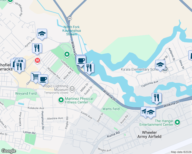 map of restaurants, bars, coffee shops, grocery stores, and more near 1600 Wilikina Drive in Wahiawa