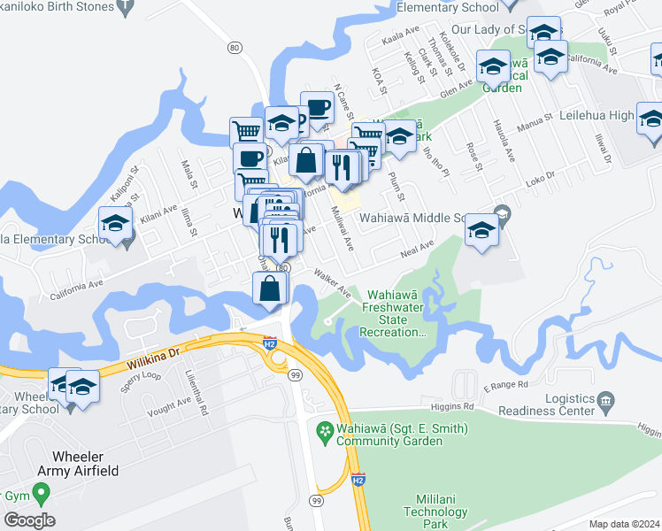 map of restaurants, bars, coffee shops, grocery stores, and more near 669 Avocado Street in Wahiawa