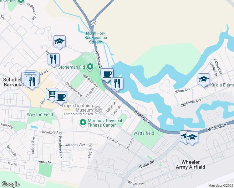 map of restaurants, bars, coffee shops, grocery stores, and more near 1640a Wilikina Drive in Wahiawa