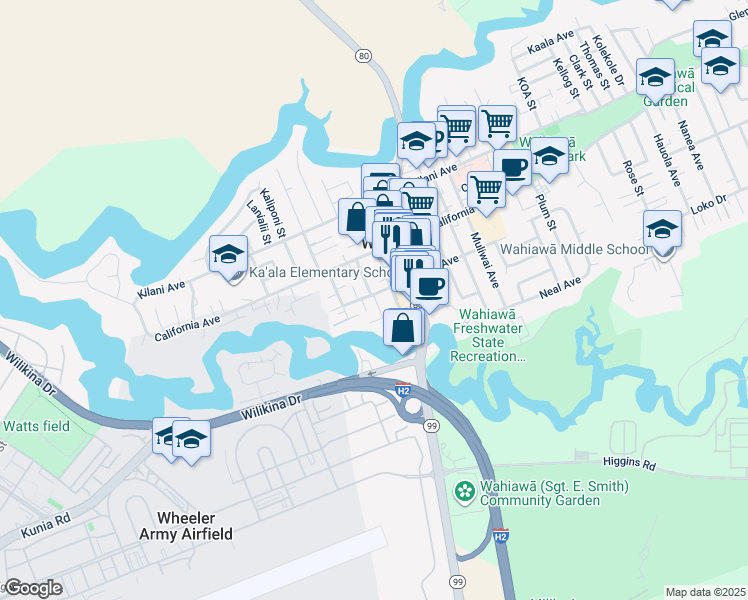 map of restaurants, bars, coffee shops, grocery stores, and more near 261 Olive Avenue in Wahiawa