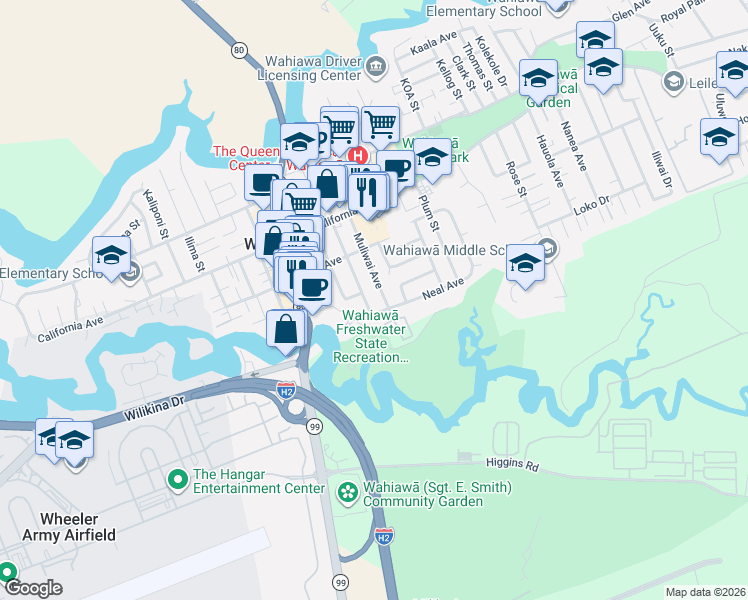map of restaurants, bars, coffee shops, grocery stores, and more near 273A Muliwai Avenue in Wahiawa