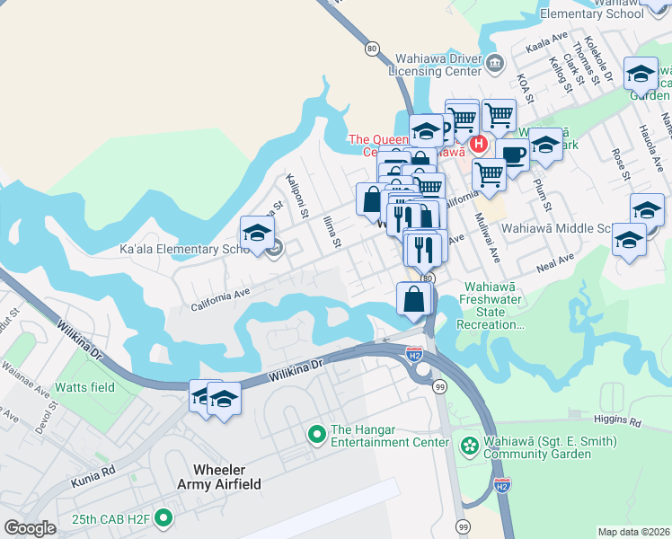 map of restaurants, bars, coffee shops, grocery stores, and more near 184 Olive Avenue in Wahiawa