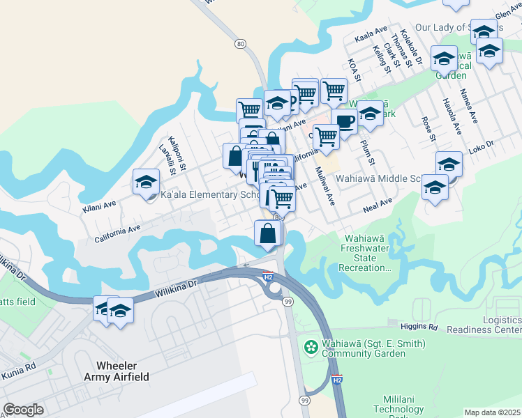map of restaurants, bars, coffee shops, grocery stores, and more near 118 Ohai Street in Wahiawa