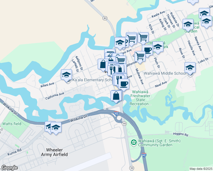 map of restaurants, bars, coffee shops, grocery stores, and more near 261 Olive Avenue in Wahiawa