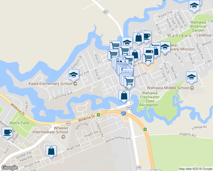 map of restaurants, bars, coffee shops, grocery stores, and more near 184 Olive Avenue in Wahiawa