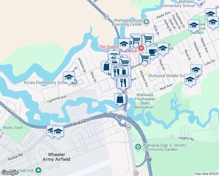 map of restaurants, bars, coffee shops, grocery stores, and more near 261 Olive Avenue in Wahiawa