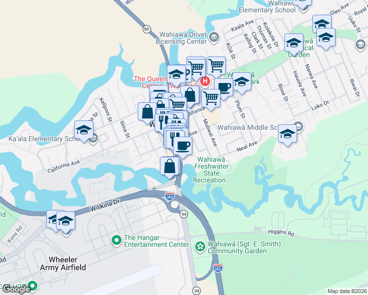 map of restaurants, bars, coffee shops, grocery stores, and more near 538 Avocado Street in Wahiawa