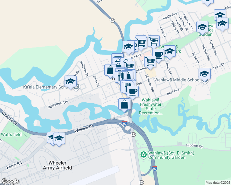map of restaurants, bars, coffee shops, grocery stores, and more near 261 Olive Avenue in Wahiawa