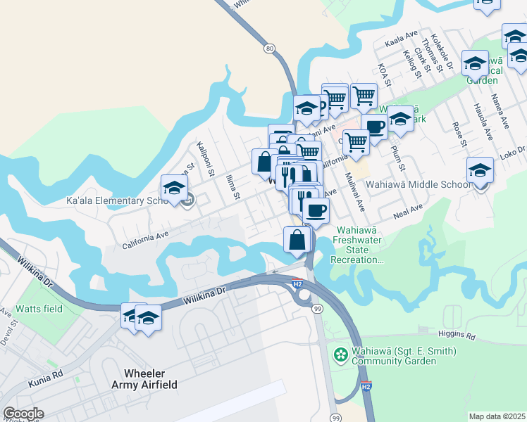map of restaurants, bars, coffee shops, grocery stores, and more near 261 Olive Avenue in Wahiawa