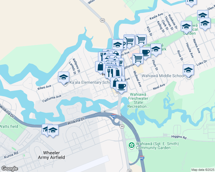 map of restaurants, bars, coffee shops, grocery stores, and more near 30 Koele Way in Wahiawa