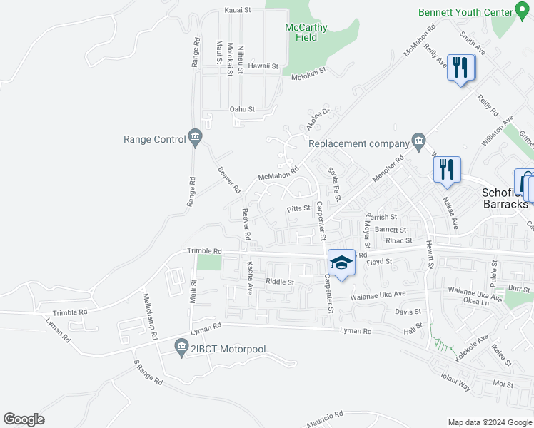 map of restaurants, bars, coffee shops, grocery stores, and more near 198 Kiela Place in Schofield Barracks