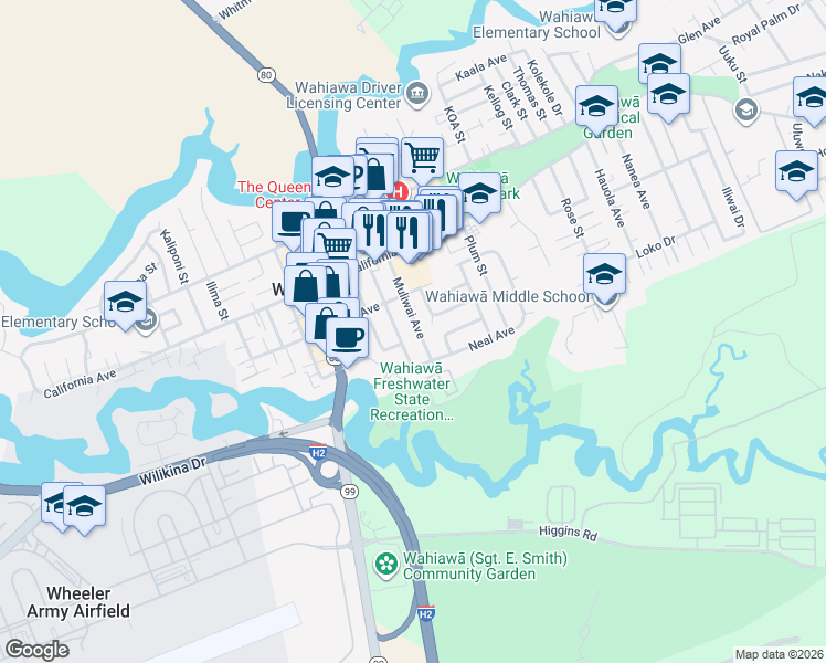 map of restaurants, bars, coffee shops, grocery stores, and more near 888 Lemi Street in Wahiawa