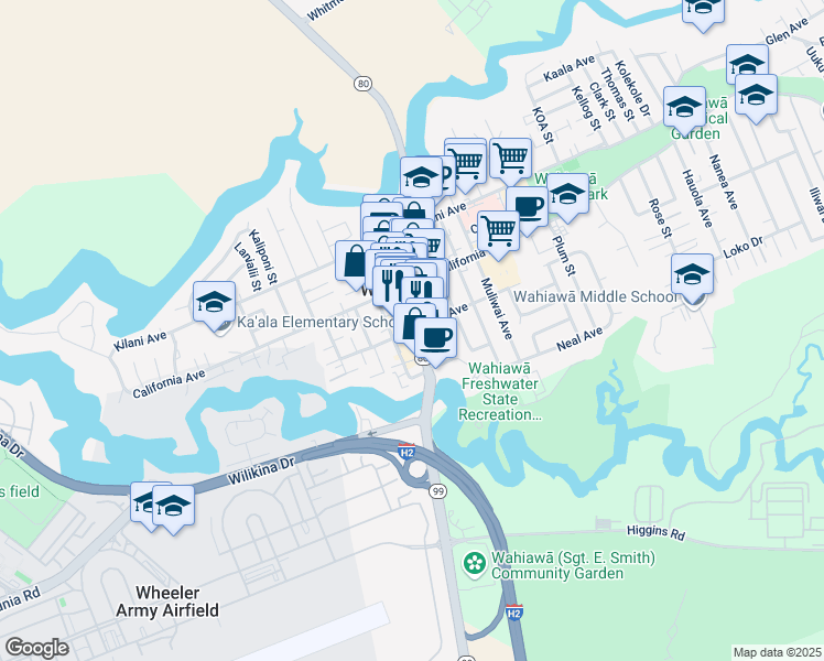 map of restaurants, bars, coffee shops, grocery stores, and more near Kamehameha Hwy & Olive Ave in Wahiawa
