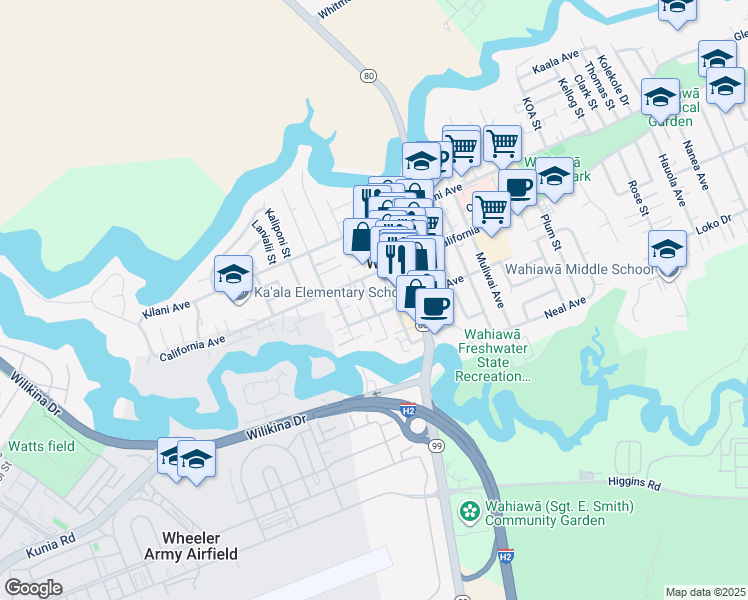 map of restaurants, bars, coffee shops, grocery stores, and more near 30 Koele Way in Wahiawa