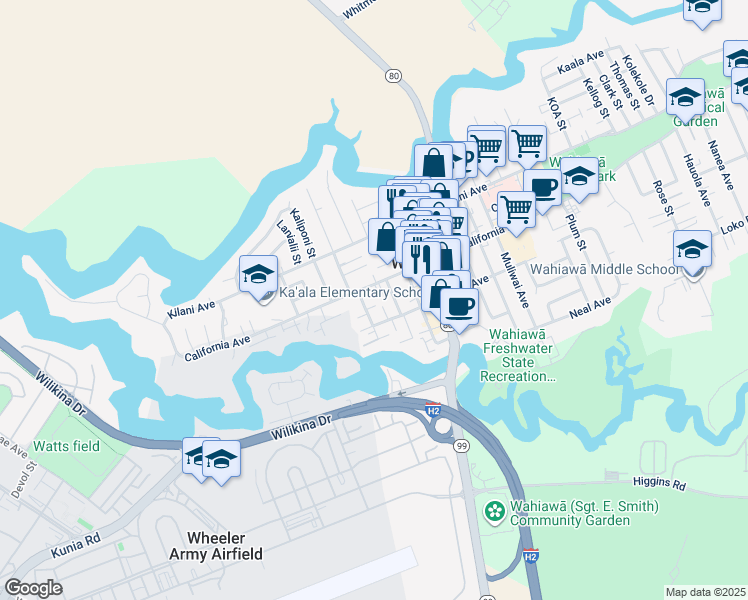 map of restaurants, bars, coffee shops, grocery stores, and more near 220 California Avenue in Wahiawa