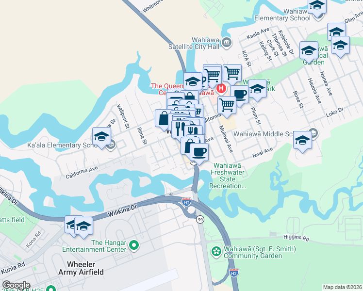 map of restaurants, bars, coffee shops, grocery stores, and more near 57 South Kamehameha Highway in Wahiawa