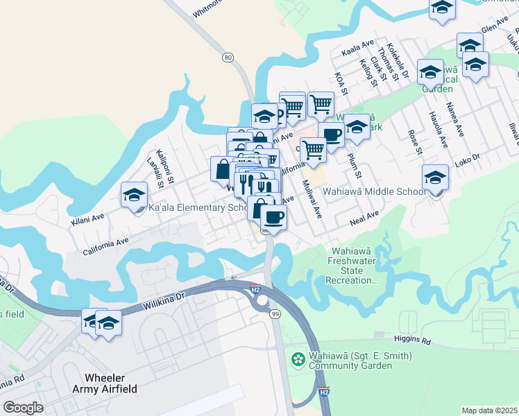 map of restaurants, bars, coffee shops, grocery stores, and more near 57 South Kamehameha Highway in Wahiawa