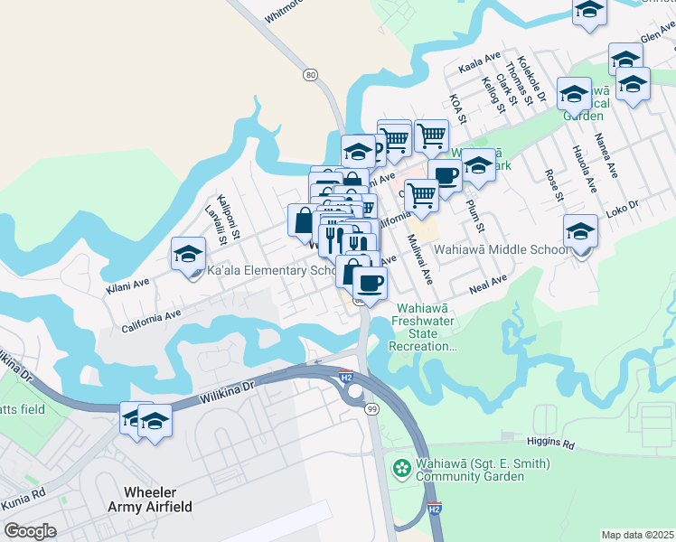 map of restaurants, bars, coffee shops, grocery stores, and more near 57 South Kamehameha Highway in Wahiawa