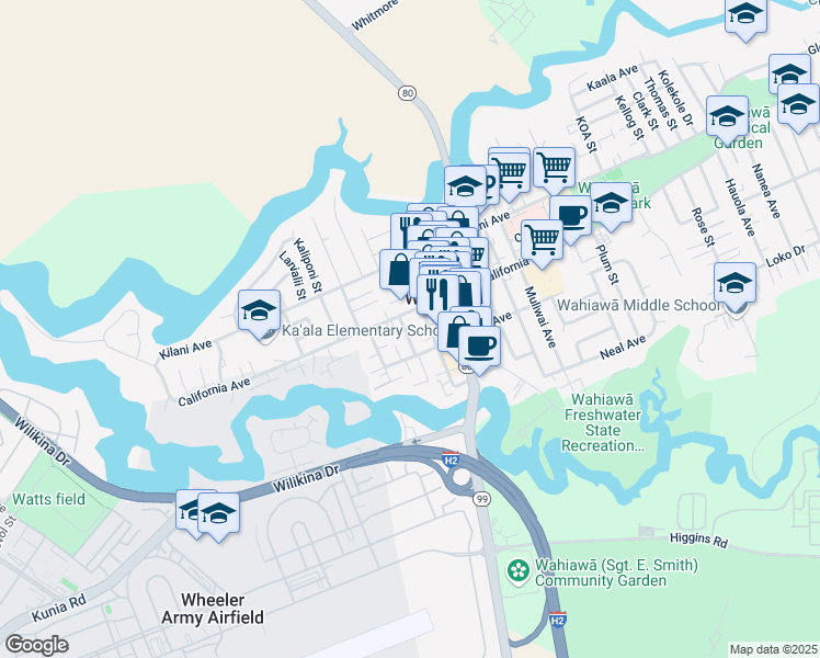 map of restaurants, bars, coffee shops, grocery stores, and more near 30C Koele Way in Wahiawa