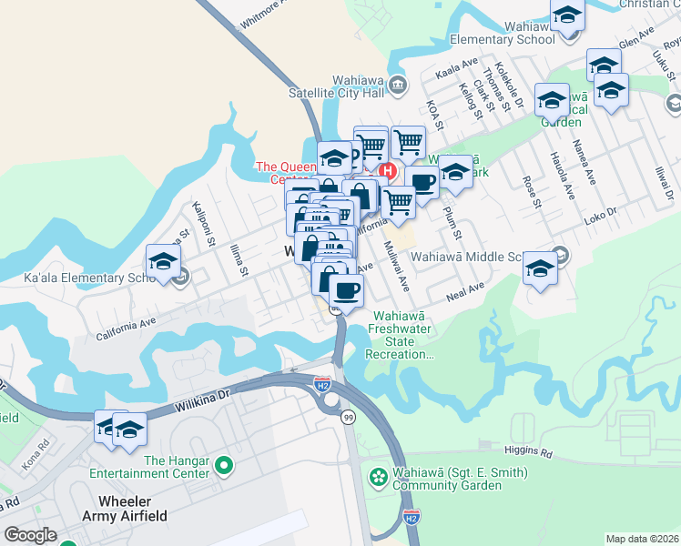 map of restaurants, bars, coffee shops, grocery stores, and more near 623 Olive Avenue in Wahiawa